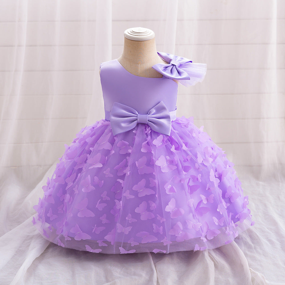 New Girls Princess Dress Mesh Children's Dress Girls' Medium and Children's Three-dimensional Small Butterfly Trouser Dress Birthday and One-Year Dress