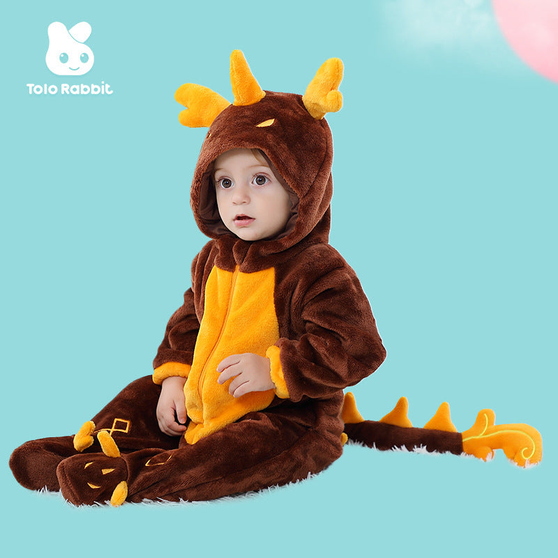 Qile Rabbit autumn new 0-3 year old baby flannel single-layer long-sleeved cartoon dragon shape hooded one-piece Romper