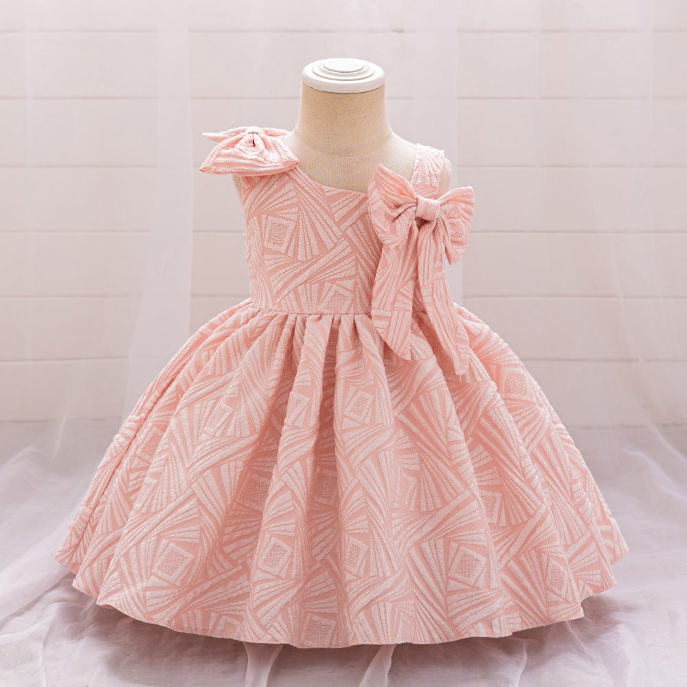 Linson's new infant dress, baby birthday party wash dress, slanted shoulder bow princess dress