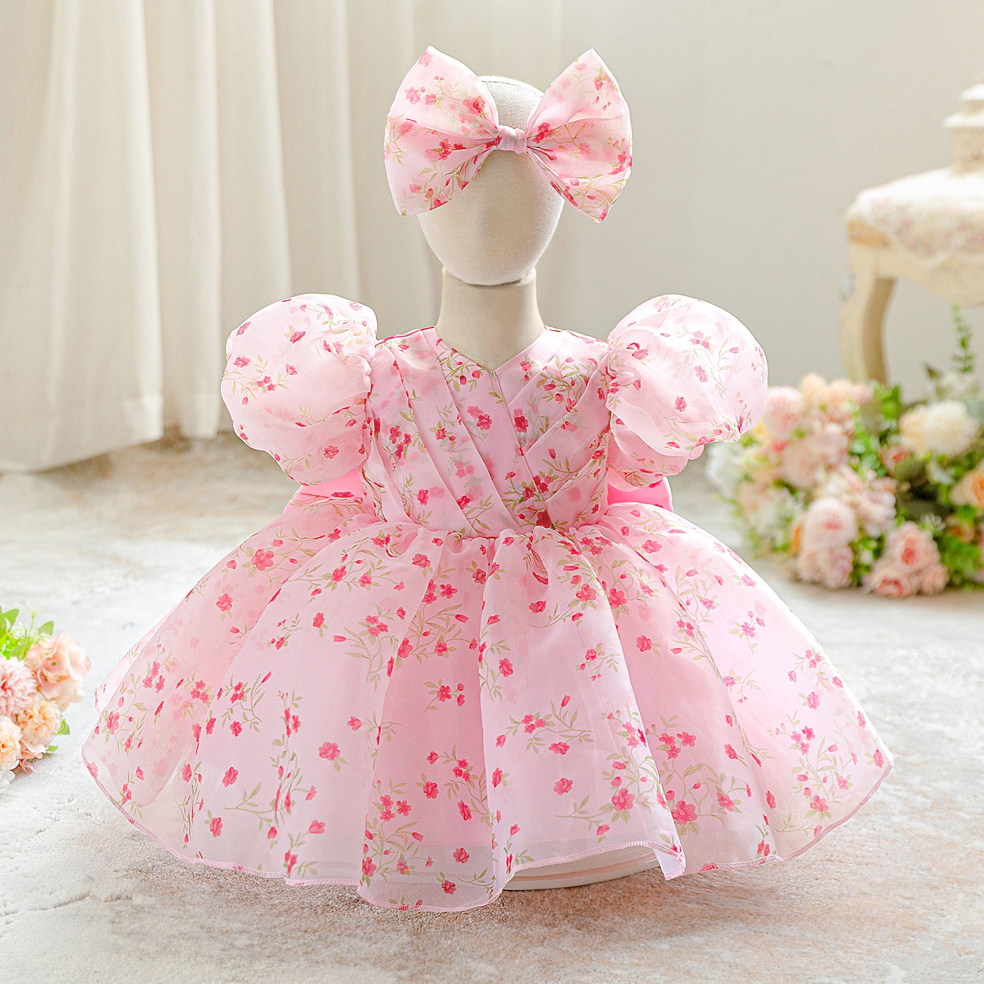 Amazon children's dress girls fluffy floral dress back bow sweet cute bubble sleeve princess dress