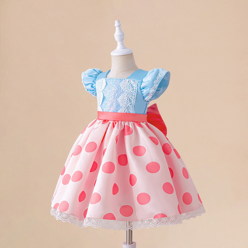 European and American new children's dresses, sweet small flying sleeves, lace splicing polka dots, fluffy children's birthday party princess dresses