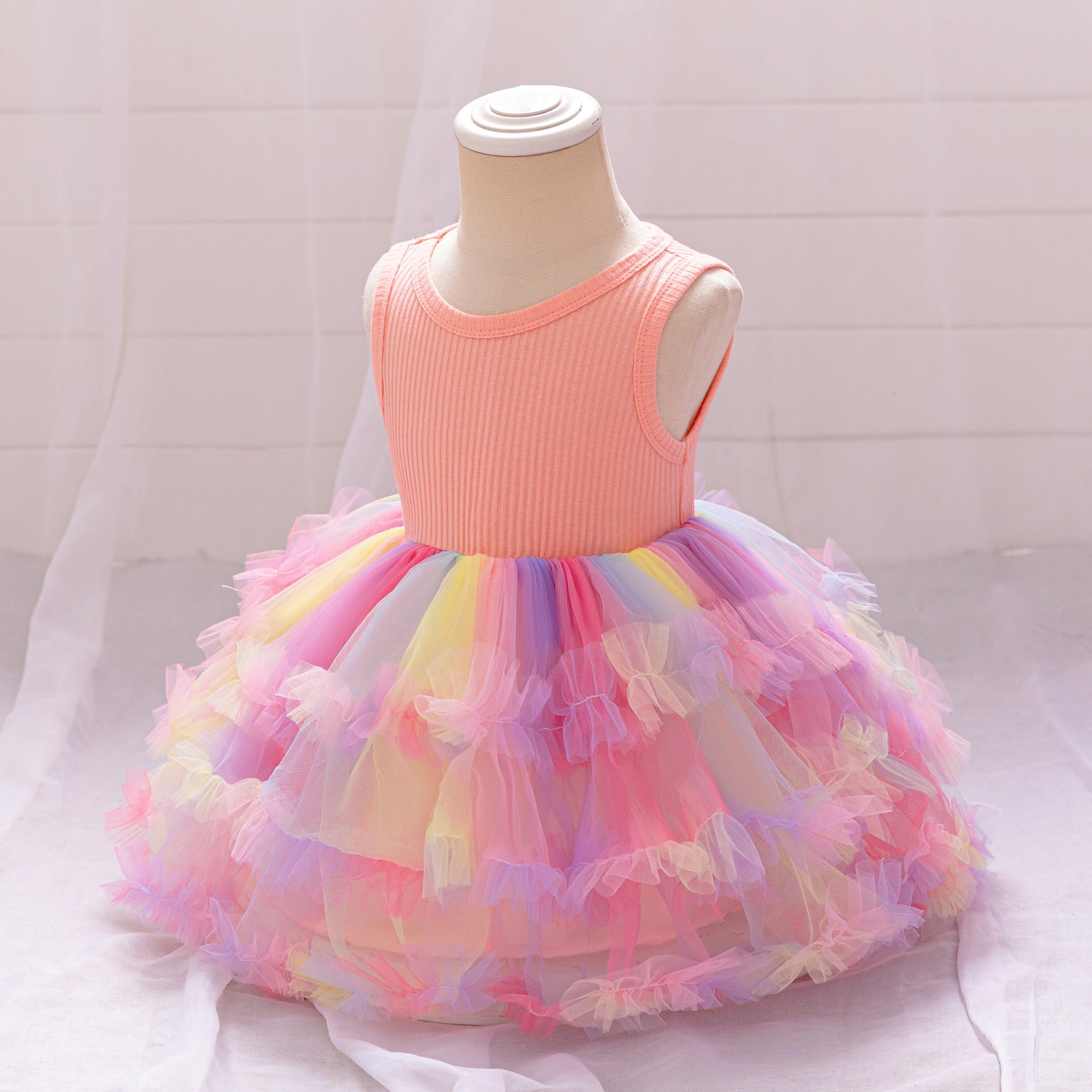European and American new baby dress one-year-old dress rainbow mesh fluffy princess dress children's holiday birthday dress