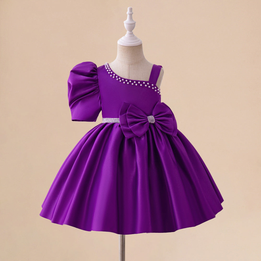 European, American and medium-sized children's dresses, beaded irregular shoulder-spilling princess dresses, satin cloth bows, tutu dresses, catwalk costumes