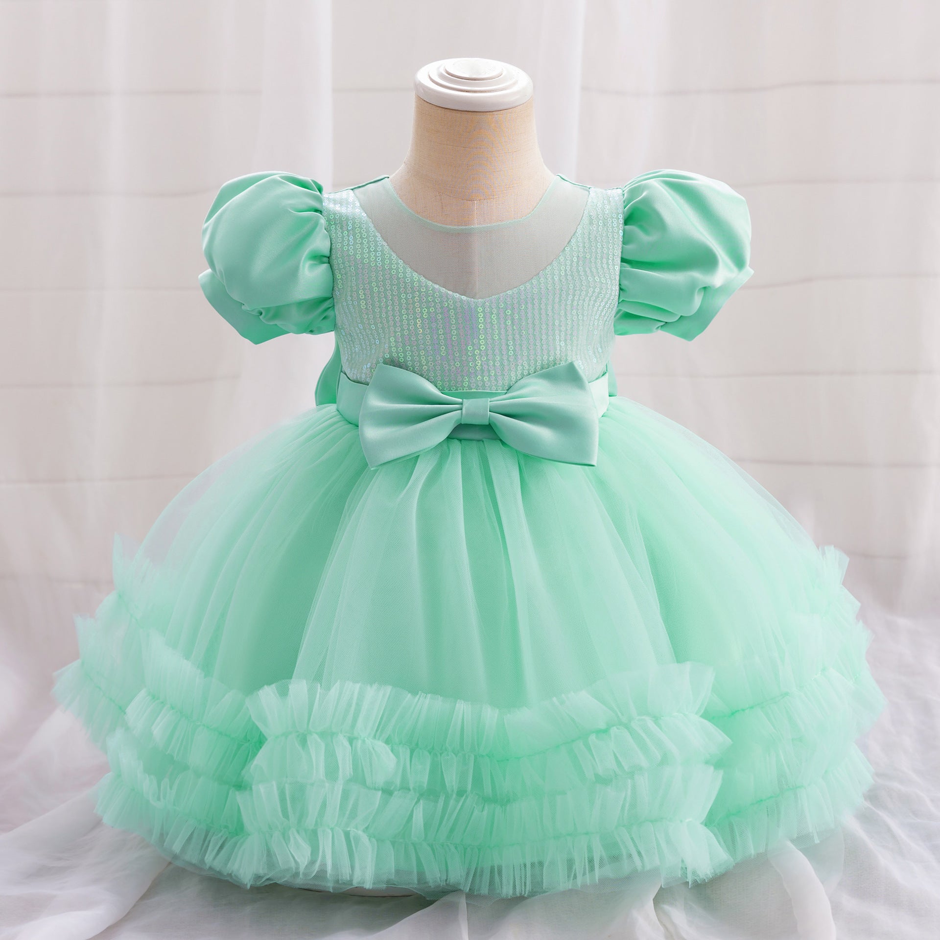 AliExpress Infant Dress Baby's First Birthday Banquet Dress Bubble Sleeve Bow Dress