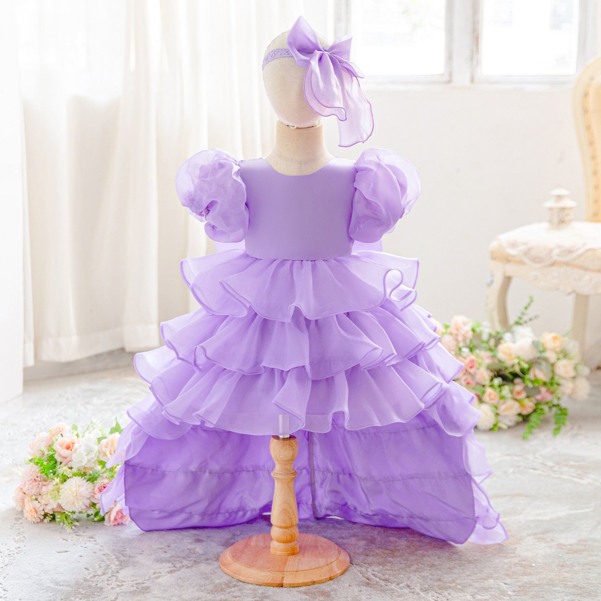 European and American children's bubble sleeves organza trailing skirt princess fluffy cake skirt wedding dress flower girl dress skirt hair band