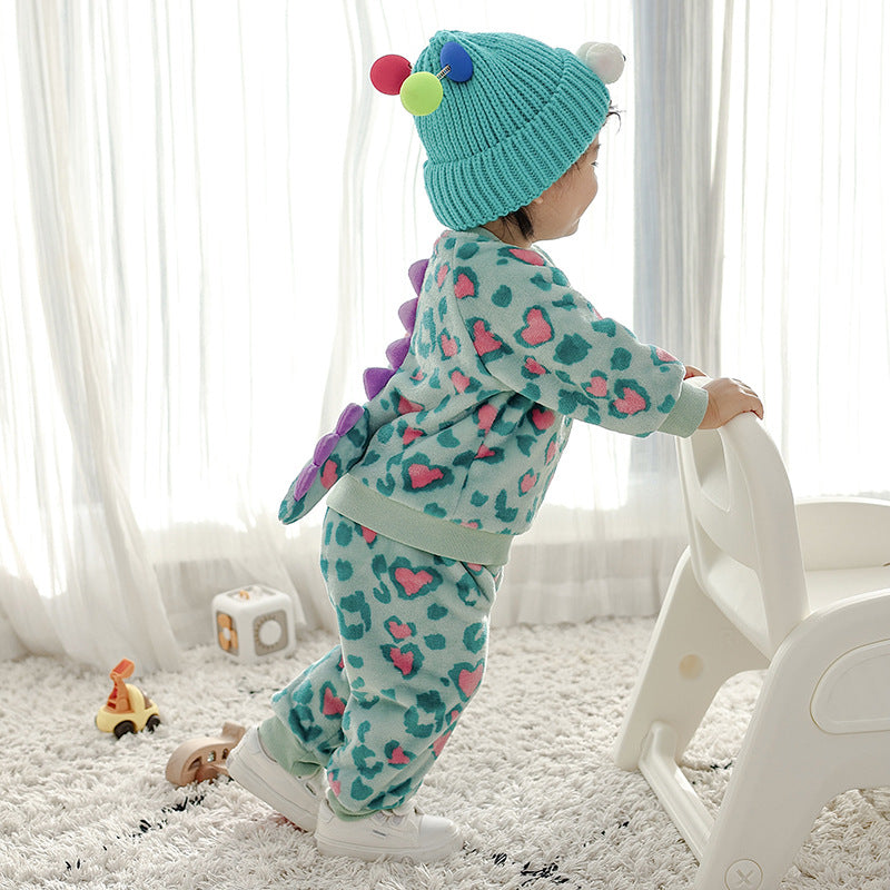 Autumn new baby flannel long-sleeved styling set monster styling with three-dimensional tail two-piece set