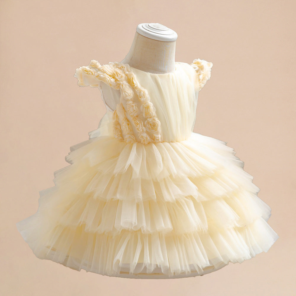 Amazon baby dress small fly sleeves champagne rose three-dimensional flower multi-layer cake fluffy princess dress