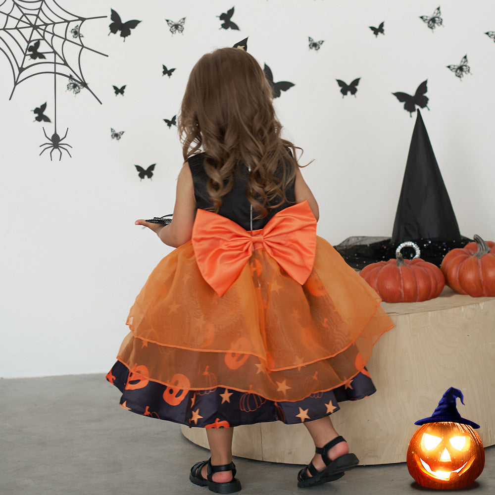 Cross-border infant and toddler clothing Halloween pumpkin print tutu dress girls sleeveless bow dress birthday gift