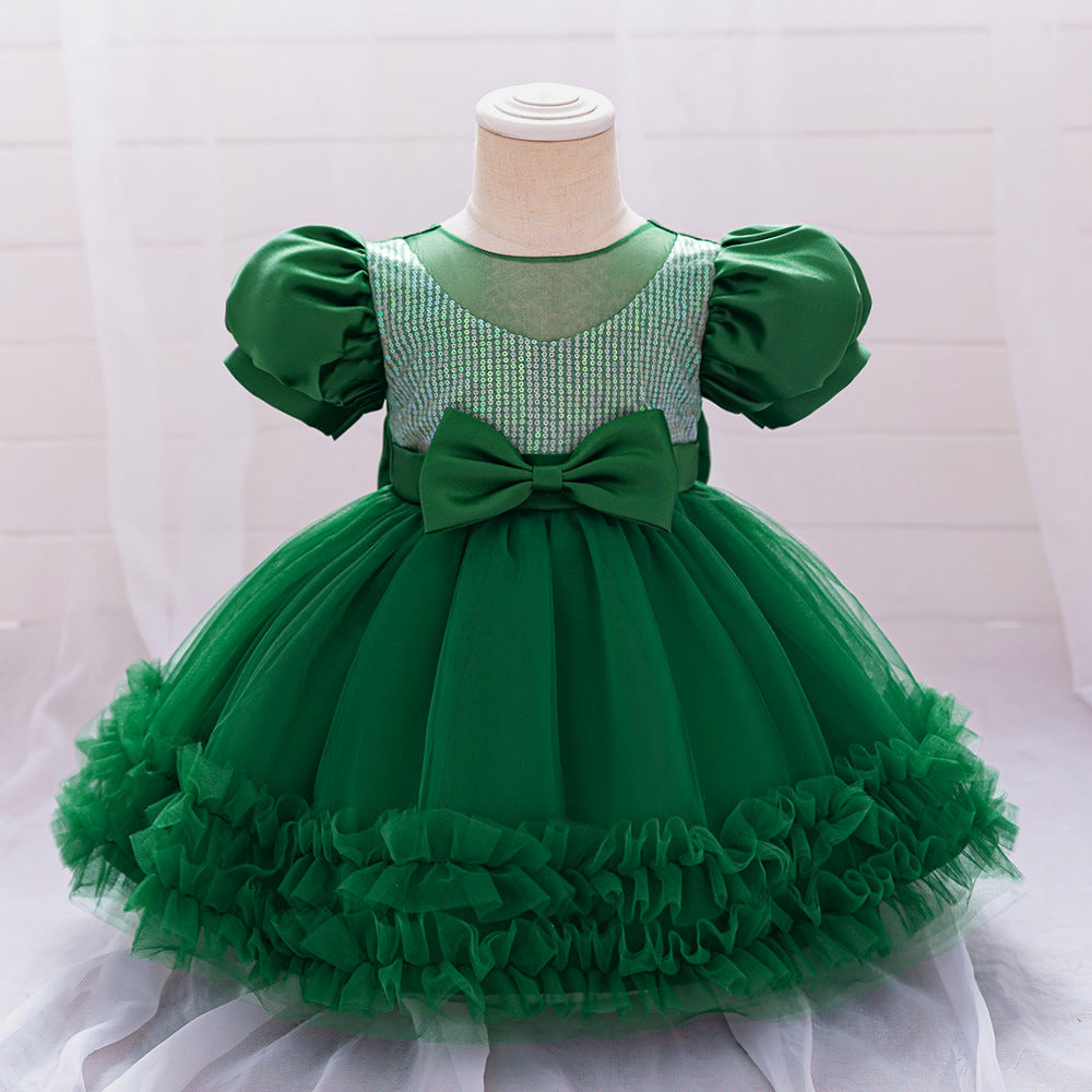 AliExpress Infant Dress Baby's First Birthday Banquet Dress Bubble Sleeve Bow Dress