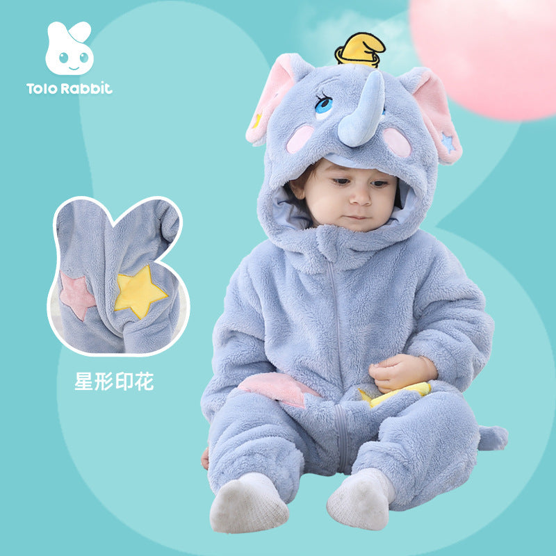 Qile Rabbit autumn new 0-3 year old baby onesie climbing suit animal shape double-sided velvet total link