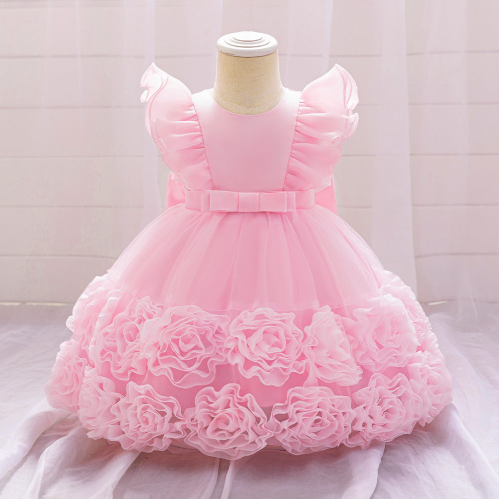 Cross-border infant princess dress, small flying sleeves, lace tutu dress, wedding flower girl dress, baby year-old wash dress