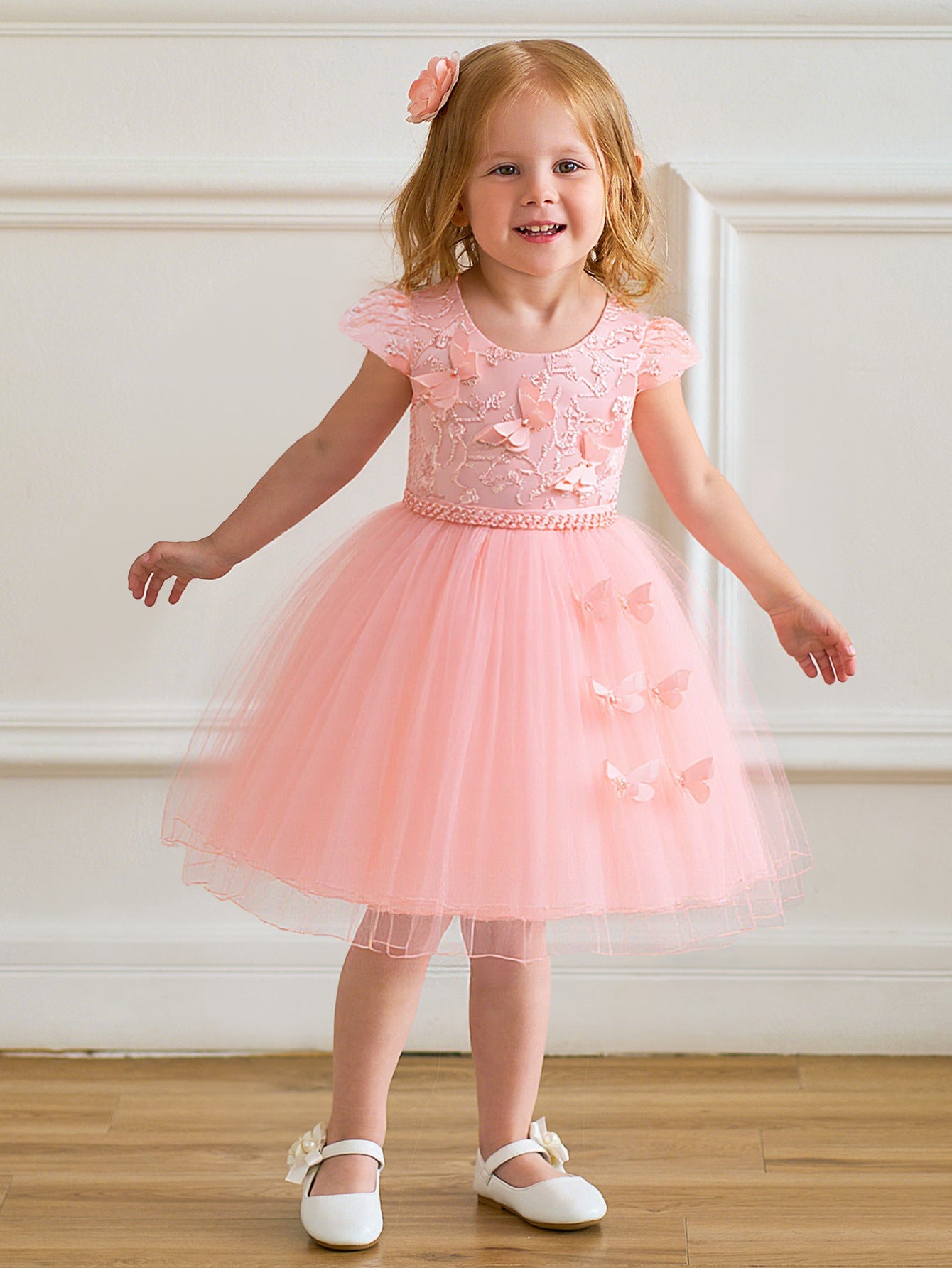 European and American cross-border new children's dresses, three-dimensional butterfly embroidered nail bead mesh dresses, wedding children's princess dresses