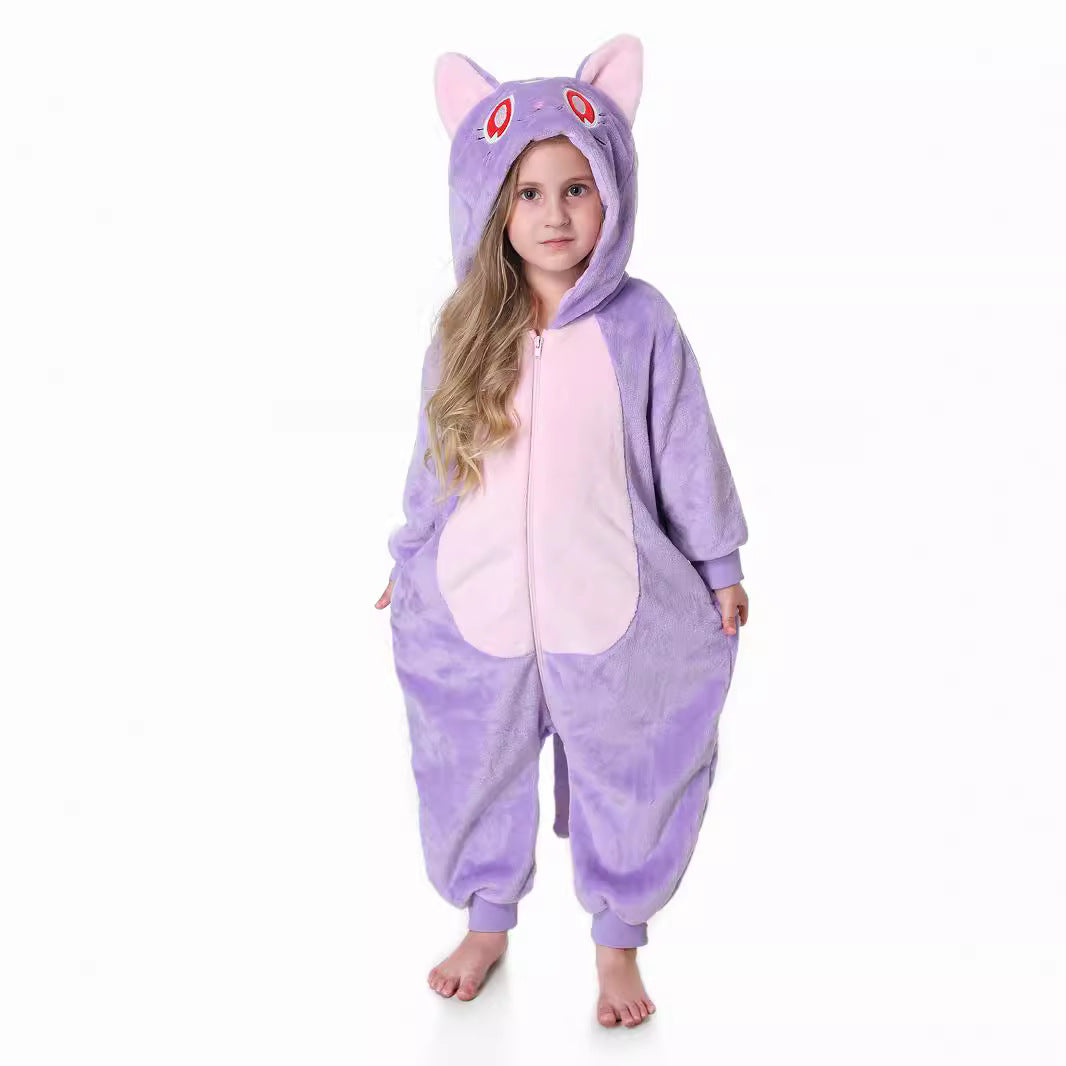 Autumn new children's cartoon styling clothes flannel single-layer elf cat hooded onesie