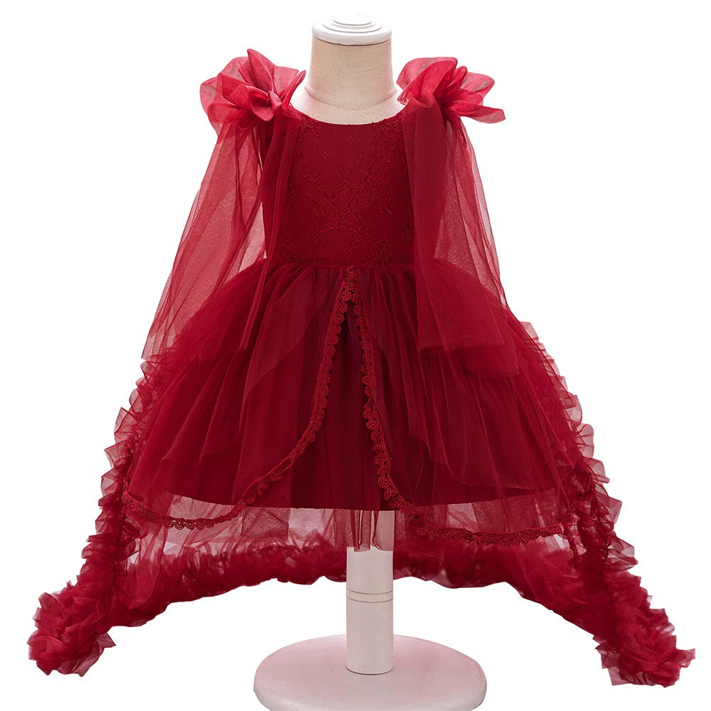 Girls Dress Dress Evening Dress Trailing Dress Children's Year Old Mesh Sleeve Princess Dress Fluffy Cake Dress