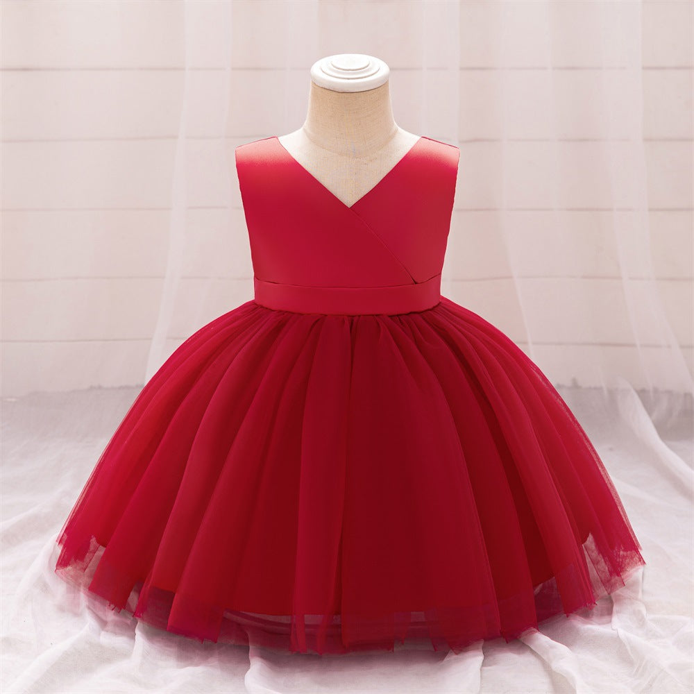 Spot ins style wedding flower girl dress baby first birthday party wash dress bow satin mesh skirt