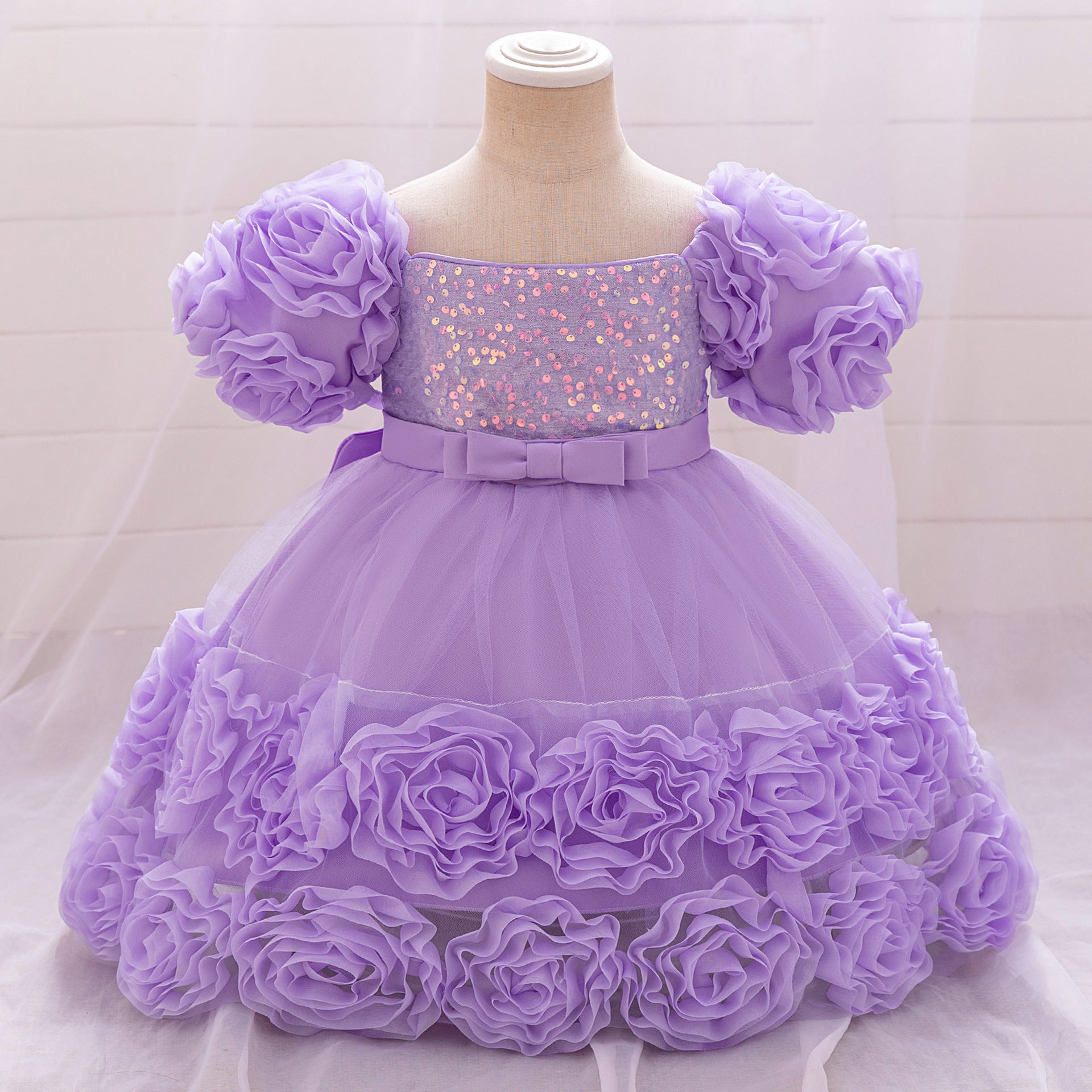Amazon's new baby dress bead bubble sleeve princess dress three-dimensional applique mesh puffy dress