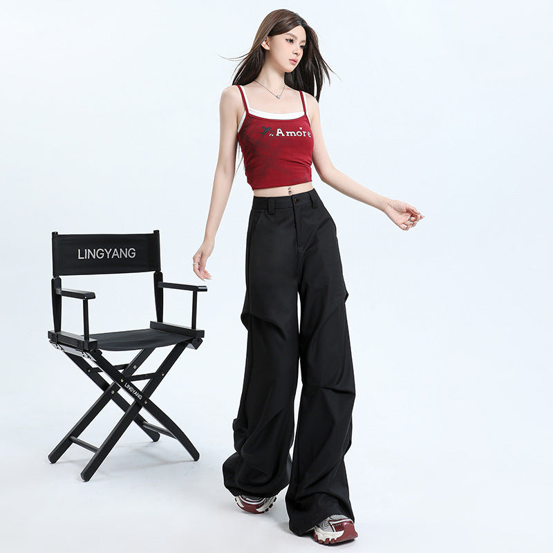 小众设计感高街黑色褶皱宽松休闲阔腿微喇拖地工装裤