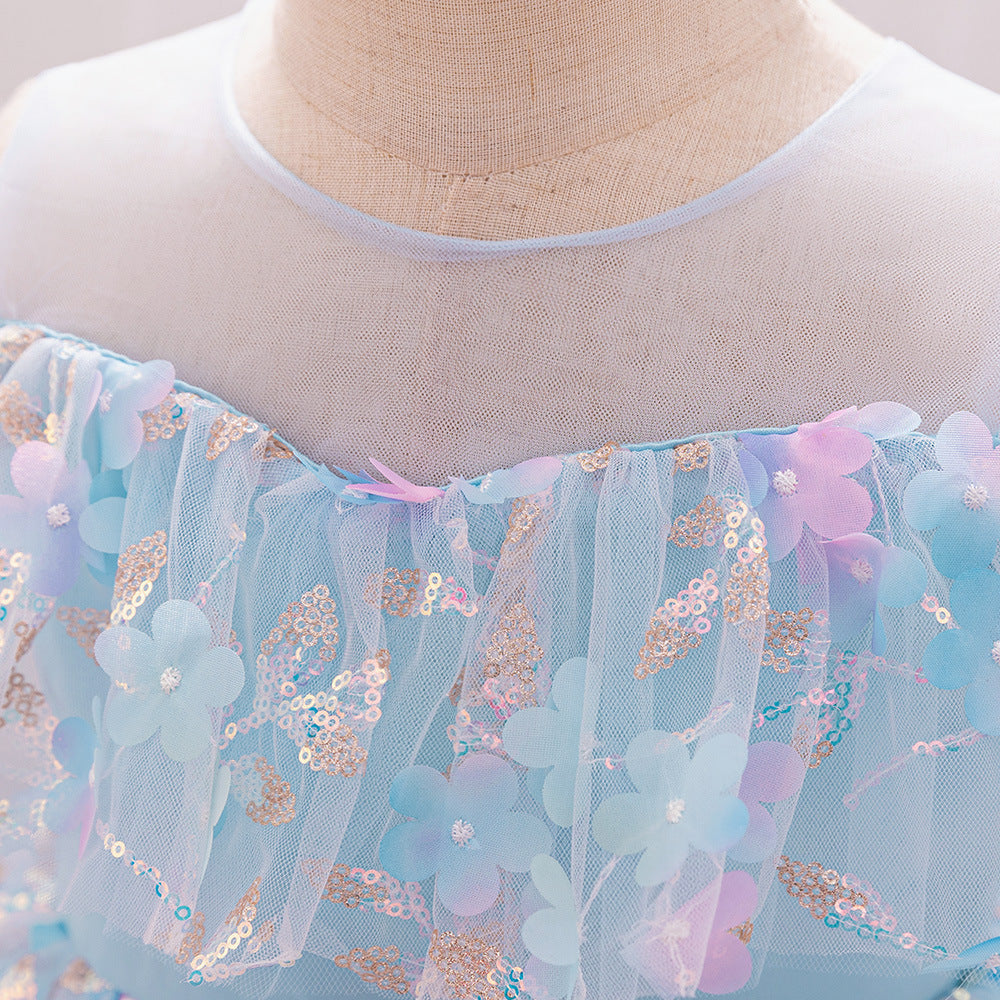 Summer new children's princess dress girls year-old dress one-word shoulder dress mesh applique dress