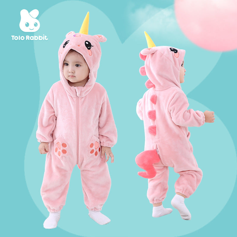 Qile Rabbit autumn new single-layer pocket cute and lively unicorn one-piece Romper