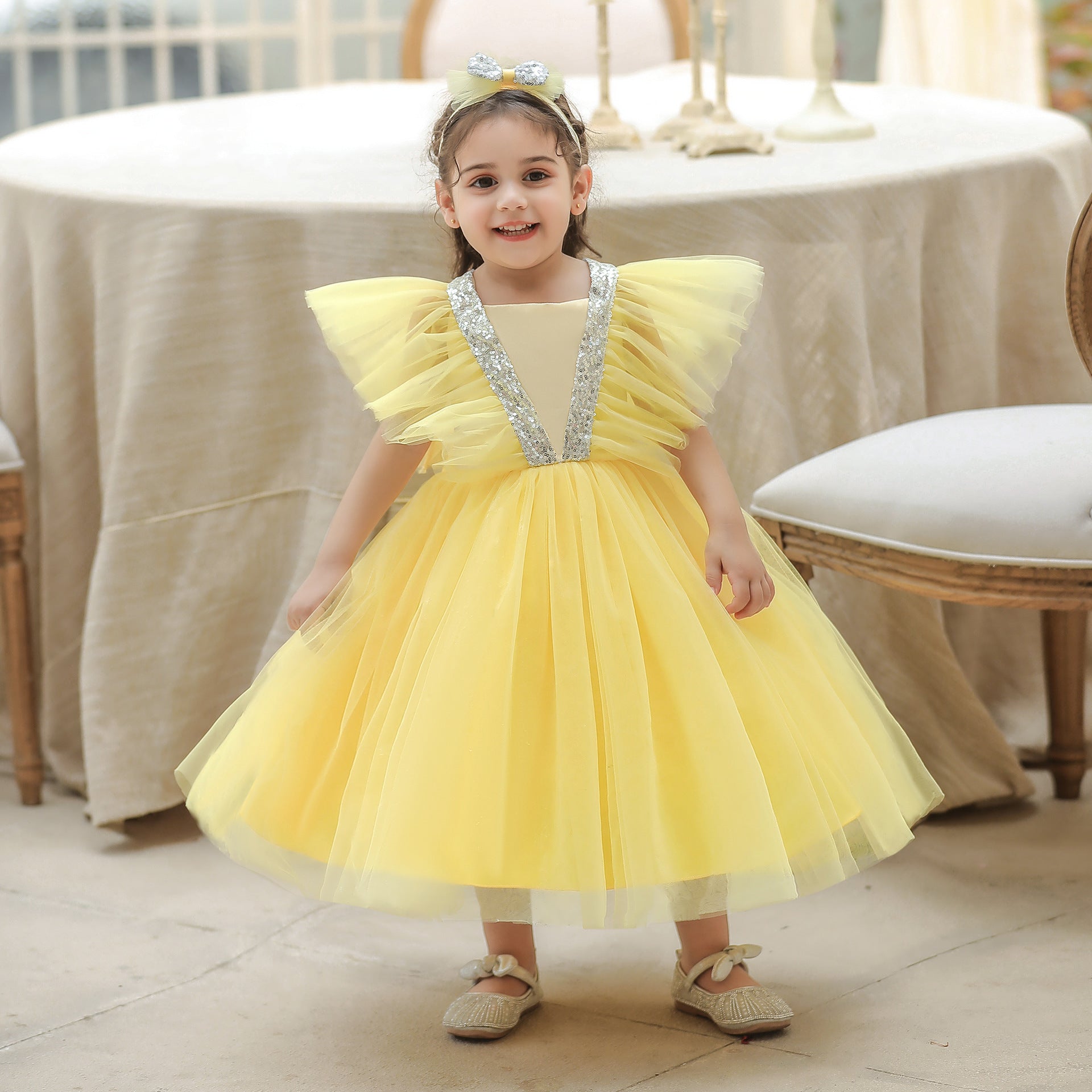 Foreign trade children's clothing first-year dress fluffy yarn sequined children's princess dress baby girl birthday dinner grab week dress