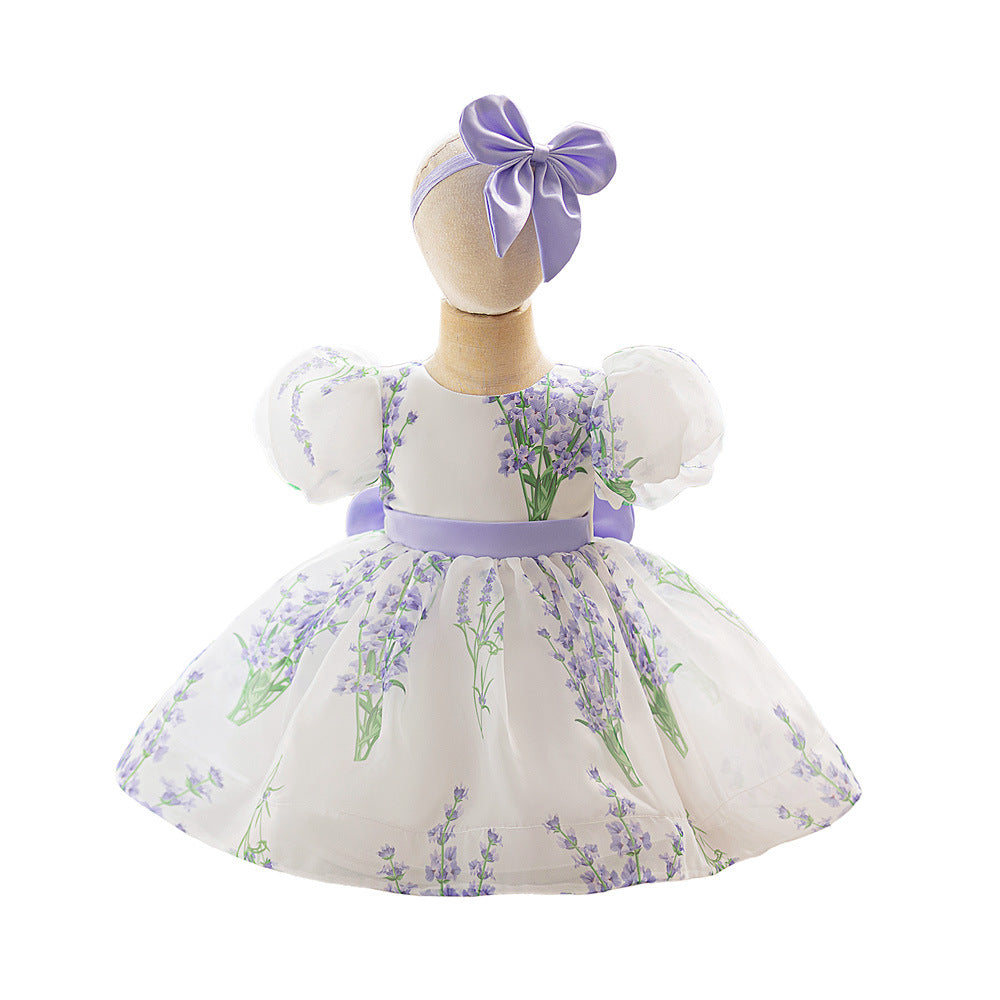2025 summer new children's dress lavender mesh printing puff dress wedding dress flower girl princess dress performance clothes