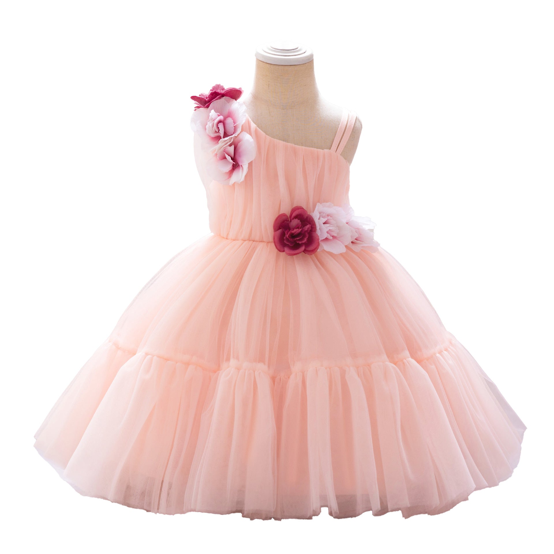 Amazon's new children's dress slanted shoulder three-dimensional flower mesh one-year-old dress baby hundred-day birthday dress