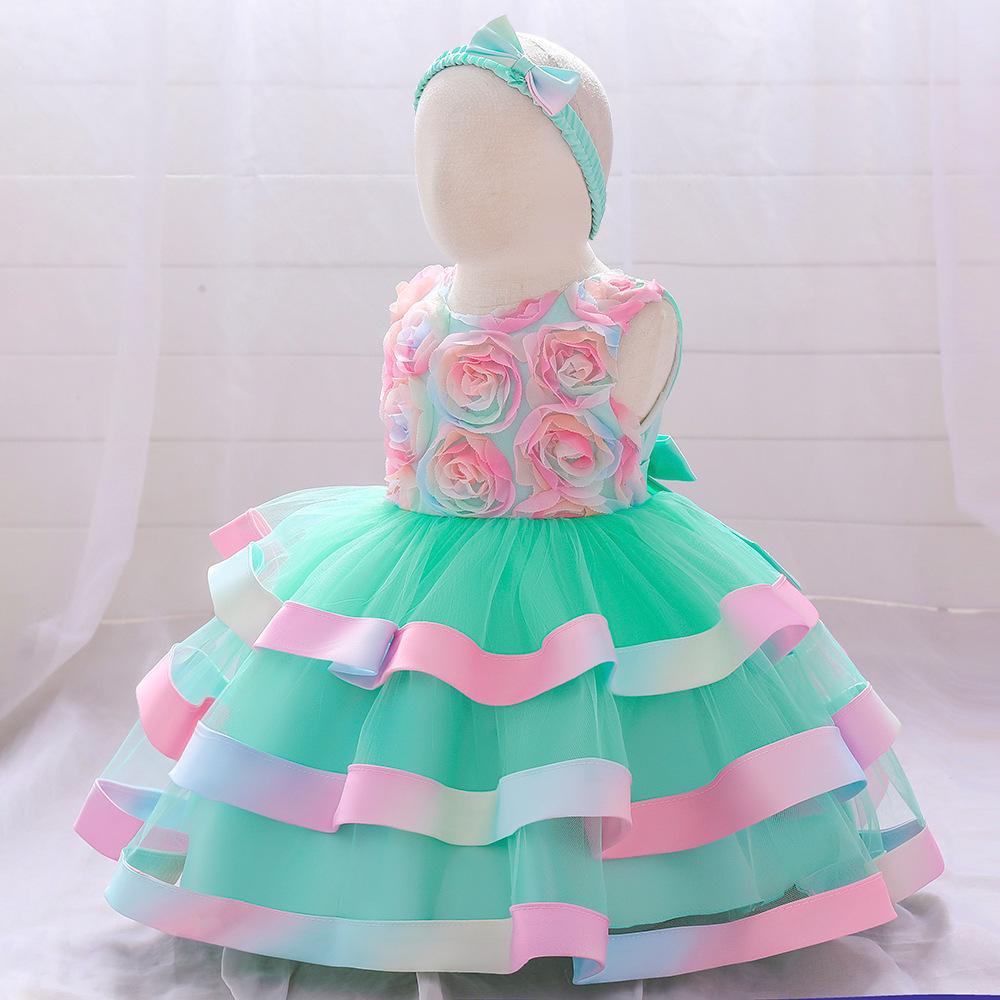 Little girl princess dress children's dress sleeveless dress printed mesh cake puffy dress flower girl catwalk dress sweet