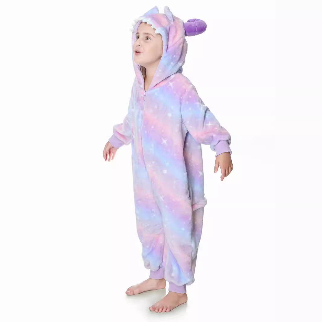 Autumn new children's cartoon styling clothes flannel single-layer cute rainbow monster styling onesie