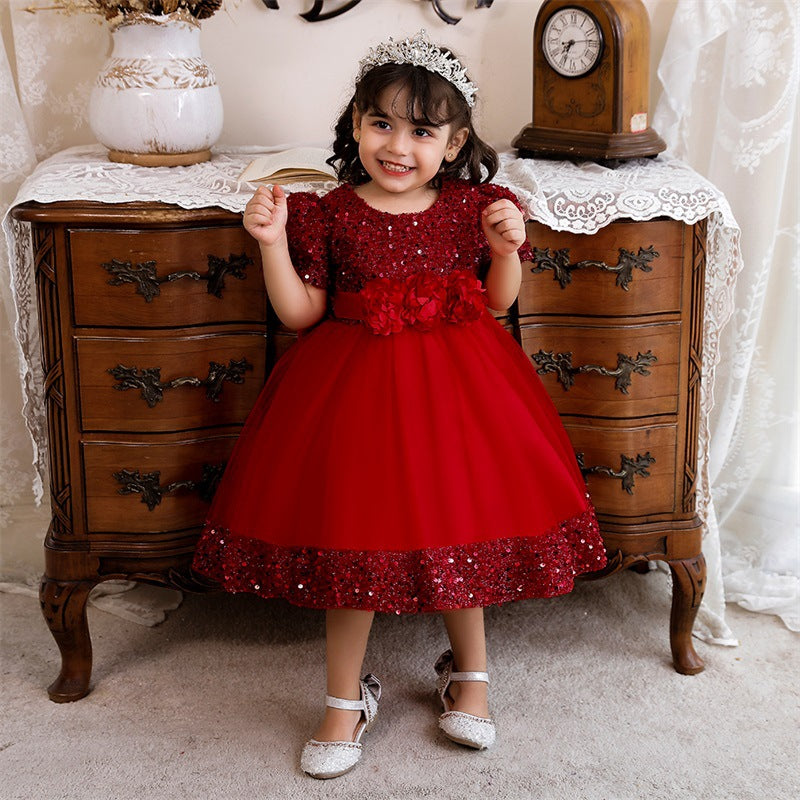 European and American Amazon Children's Dress Princess Dress Short Sleeve Sequin Troupe Dress Little Girl Flower Girl Wedding Dress