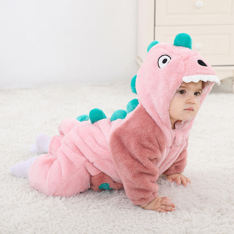 Qile Rabbit Spring and Autumn New Infant and Toddler Baby onesie Cute style contrasting color pocket dinosaur single-layer styling clothes