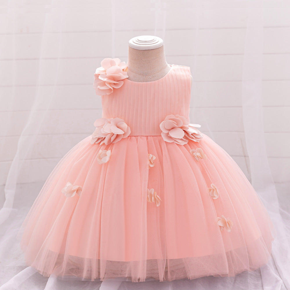 Cross-border Amazon infant dress three-dimensional flower mesh tutu skirt one-year-old baby birthday party washing dress