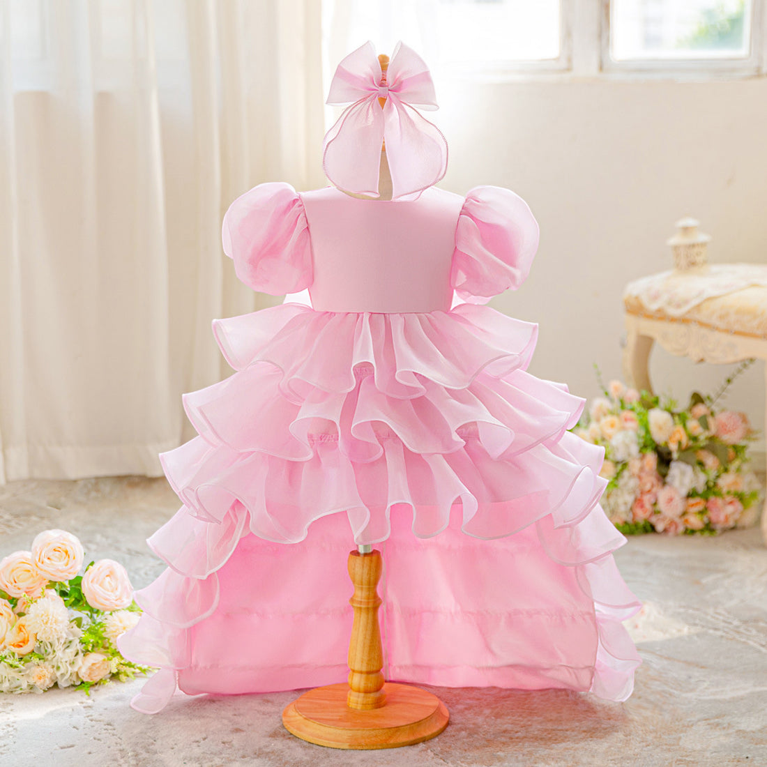 European and American children's bubble sleeves organza trailing skirt princess fluffy cake skirt wedding dress flower girl dress skirt hair band