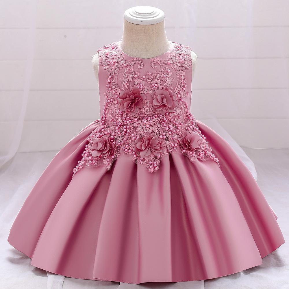 Children's Dress Princess Dress Birthday Satin Dress Lace Decal Children's Dress Little Girl Performance Yearling Dress Dress