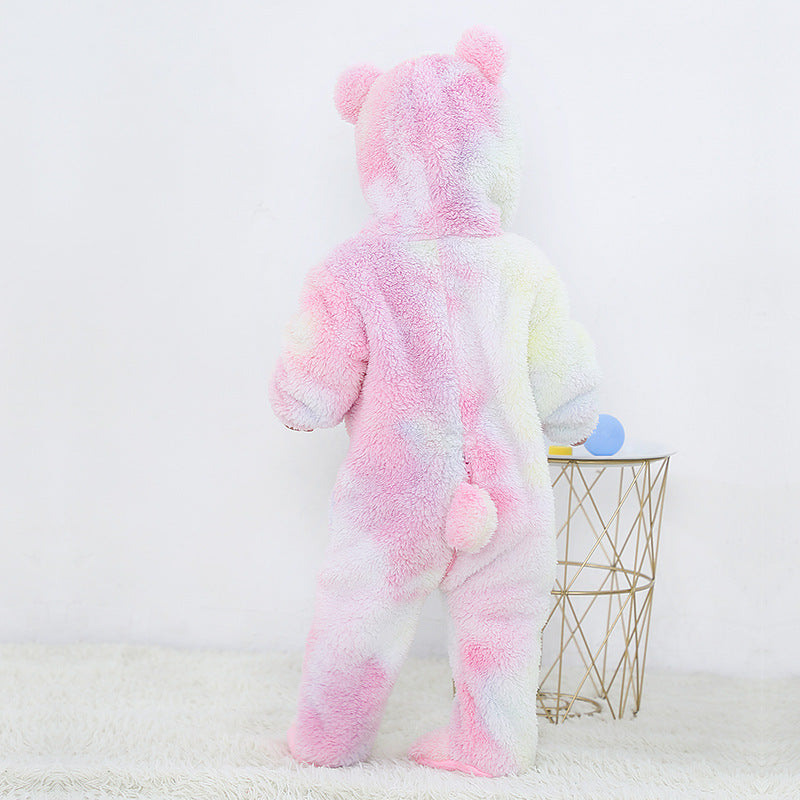 Qile Rabbit new rainbow gradual change baby onesie alpaca hooded plush climbing clothes infant cute out clothes