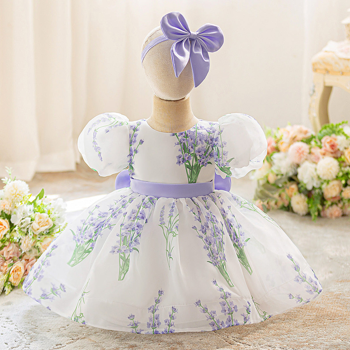 2025 summer new children's dress lavender mesh printing puff dress wedding dress flower girl princess dress performance clothes