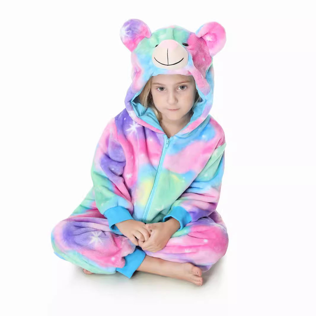 Autumn new children's cartoon styling clothes flannel single-layer cute rainbow bear styling onesie