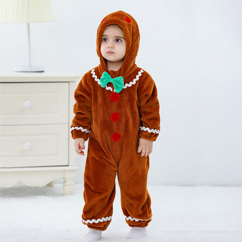 0-3 year old baby autumn new flannel single-layer cartoon-shaped Romper gingerbread man-shaped one-piece Romper