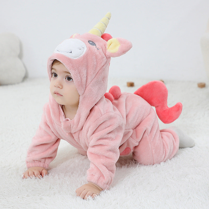 Qile Rabbit autumn new 0-3 year old infant pink unicorn styling clothes flannel single-layer onesie