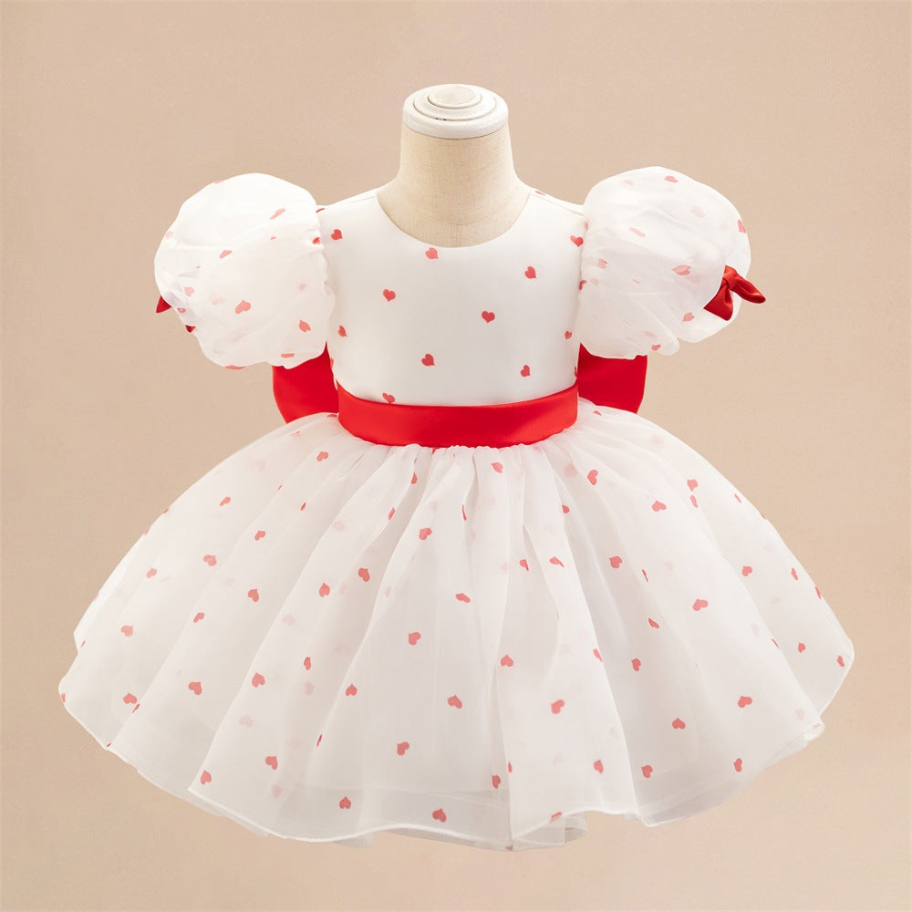 European and American new baby's first birthday washing dress chiffon bubble sleeve love polka dot princess dress wedding flower girl skirt