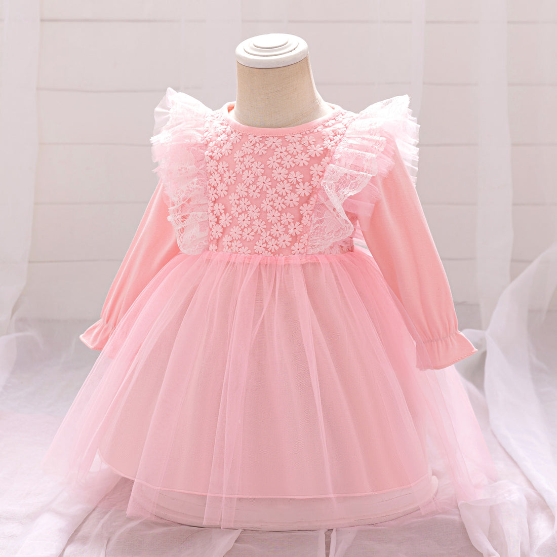 Wholesale New Infant Dress Long Sleeve Mesh Splicing Fluffy Princess Skirt Full Moon Banquet Pink Dress