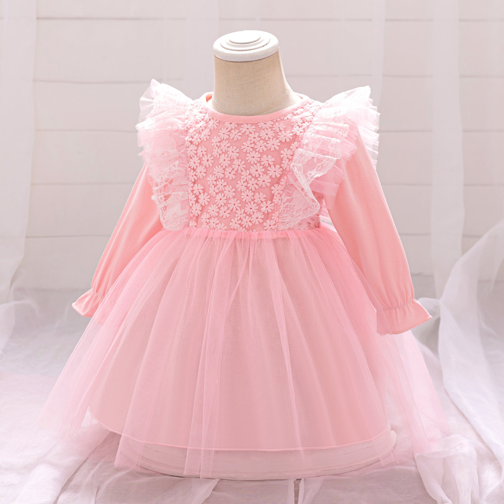 Wholesale New Infant Dress Long Sleeve Mesh Splicing Fluffy Princess Skirt Full Moon Banquet Pink Dress