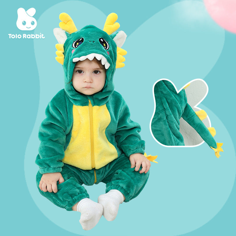 Qile Rabbit autumn new 0-3 year old baby single layer flannel Chinese dragon shape hooded one-piece Romper