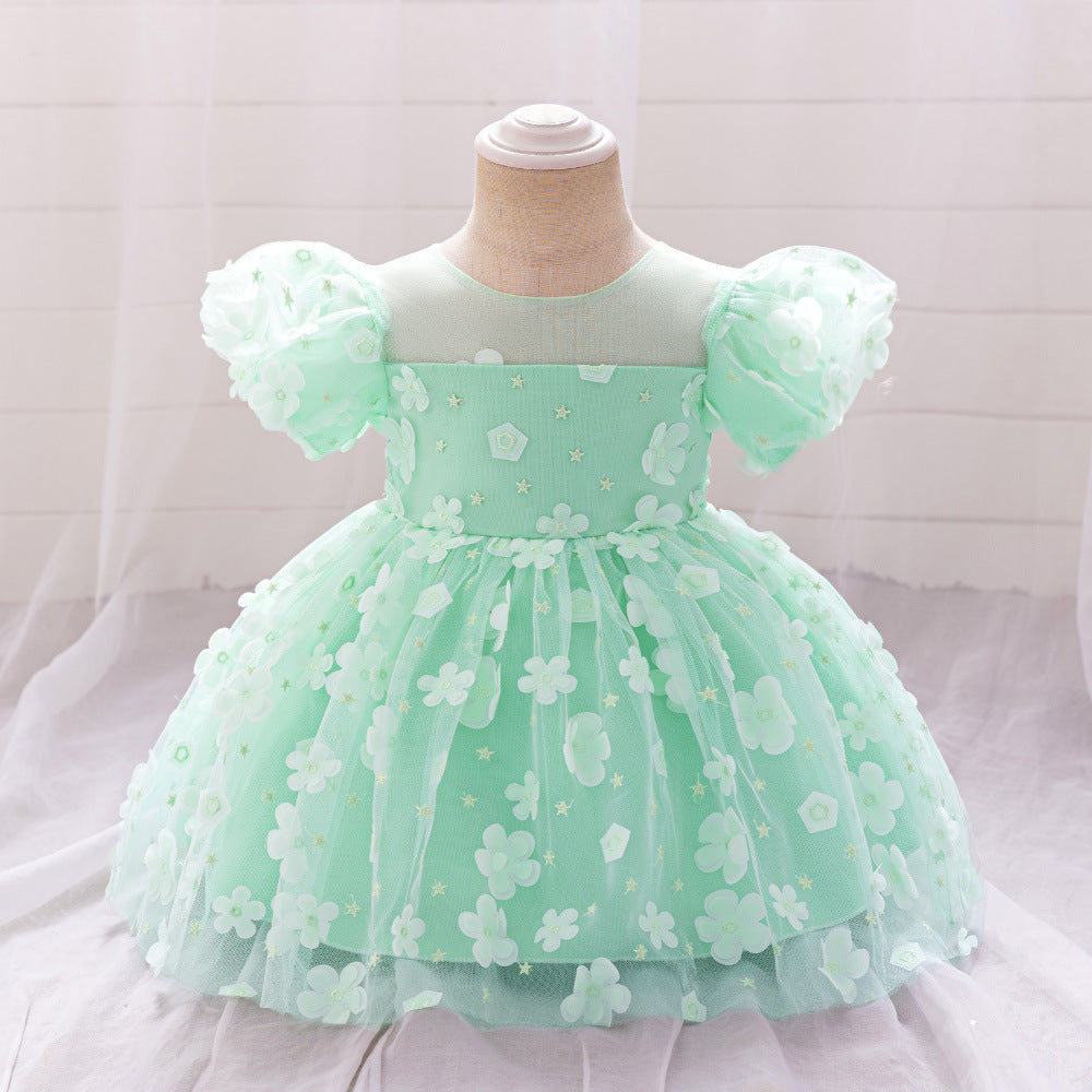 AliExpress Infant Dress Applique Bubble Sleeve Mesh Fluffy Princess Dress Girls Birthday Banquet Wash Dress