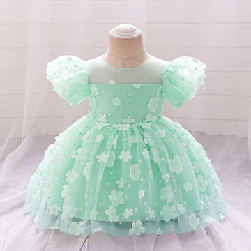 AliExpress Infant Dress Applique Bubble Sleeve Mesh Fluffy Princess Dress Girls Birthday Banquet Wash Dress