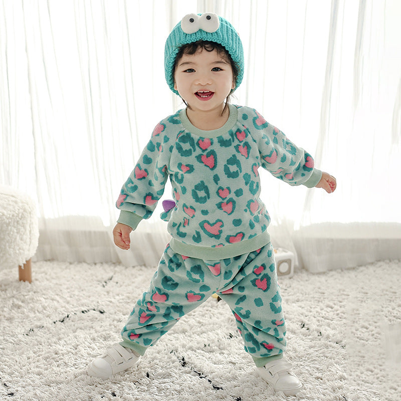 Autumn new baby flannel long-sleeved styling set monster styling with three-dimensional tail two-piece set