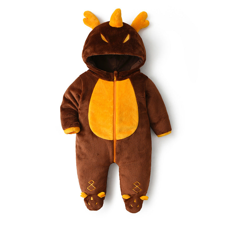 Qile Rabbit autumn new 0-3 year old baby flannel single-layer long-sleeved cartoon dragon shape hooded one-piece Romper