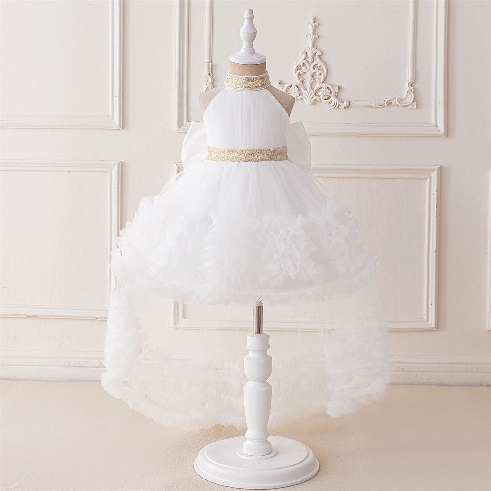 2025 Cross-border New Girls' Birthday Dress Girls' Performance Dress Neck Trailing Princess Dress Mesh Children's Dress