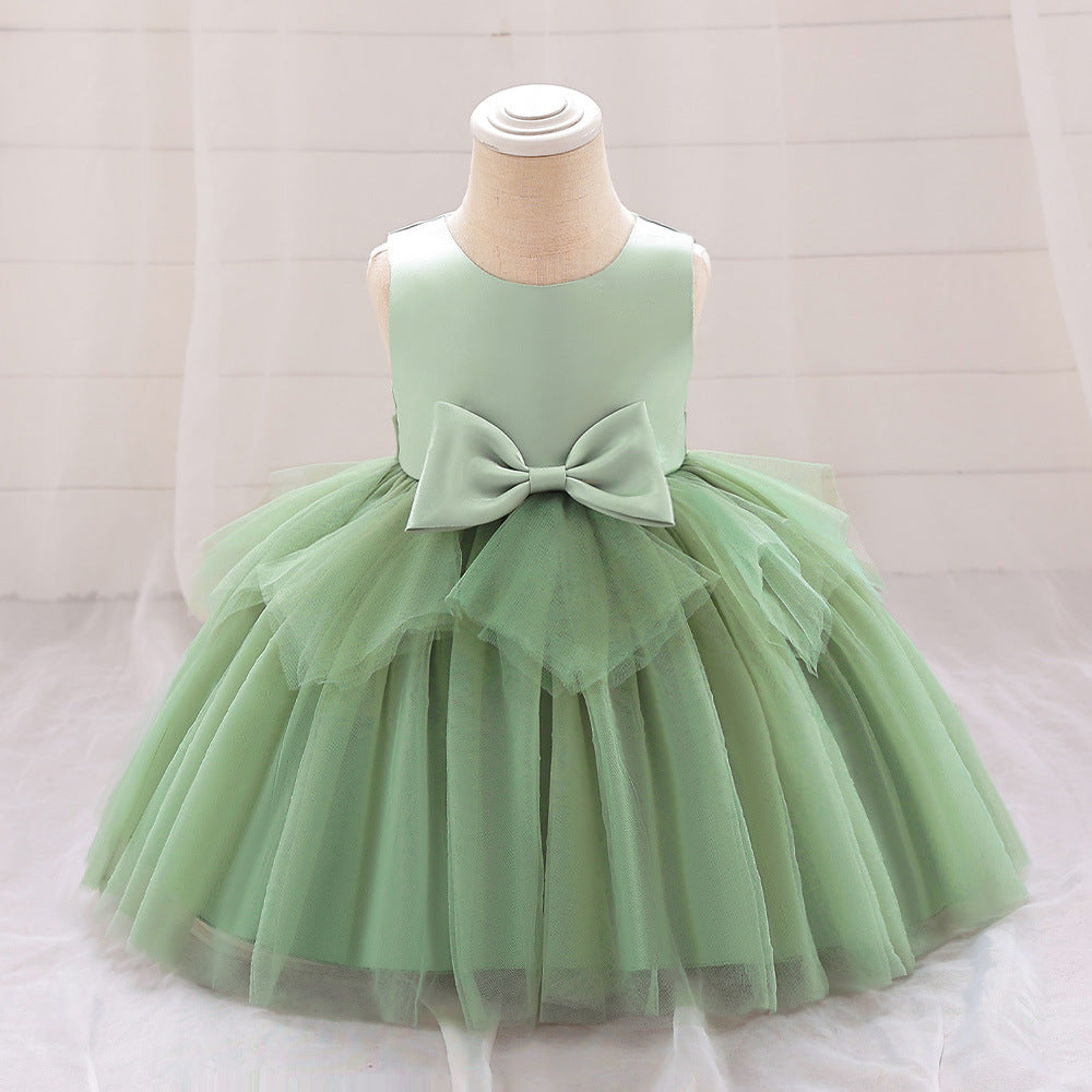 Children's princess dress Amazon baby dress sleeveless satin bow flower girl performance dress mesh skirt