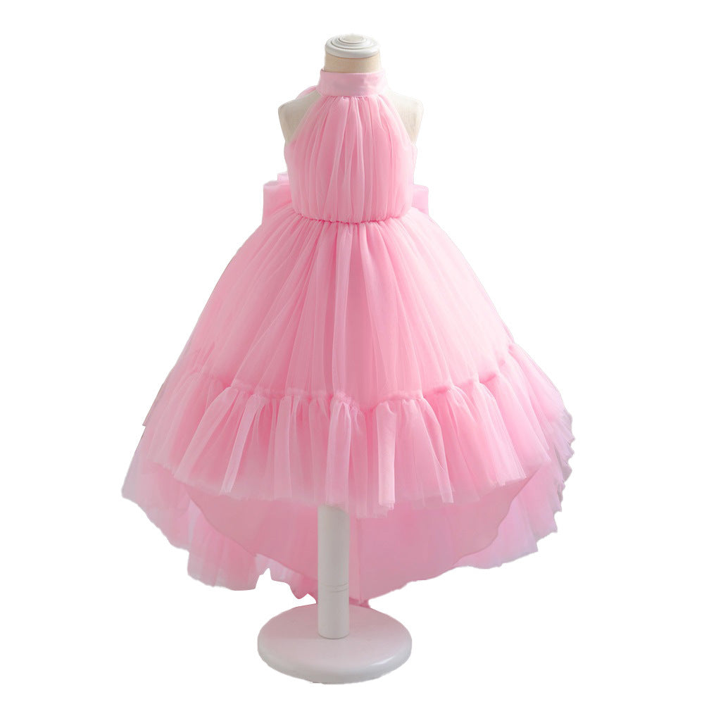 Amazon's new medium and small children's dress princess dress pink neck mesh trailing skirt bow puffy dovetail skirt