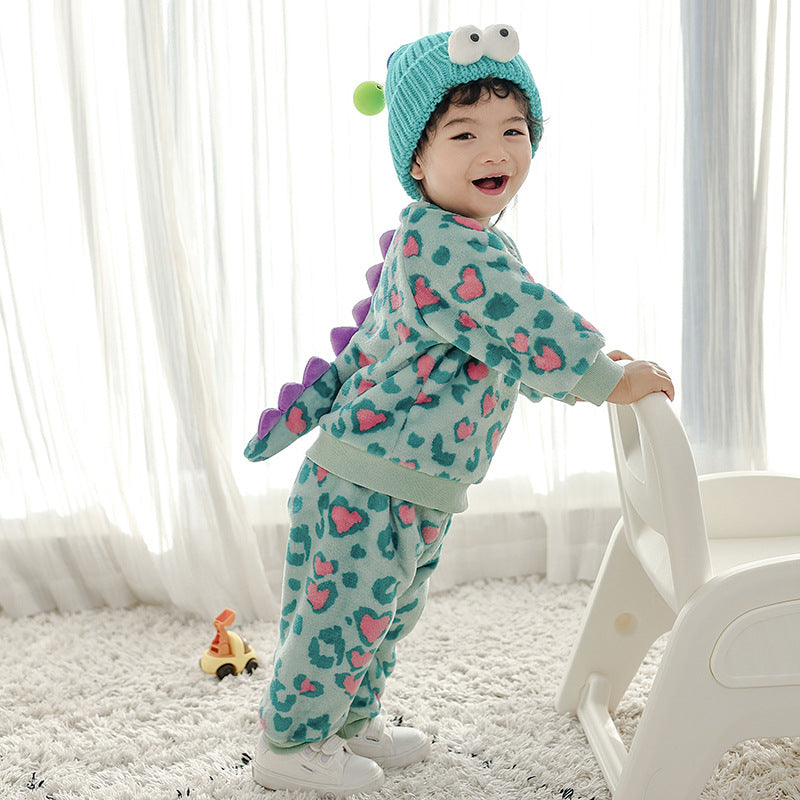 Autumn new baby flannel long-sleeved styling set monster styling with three-dimensional tail two-piece set
